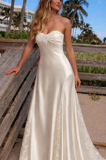 Satin A-Line Strapless Sleeveless Button-Back Lace Train Long Wedding Dress