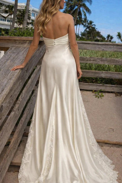 Satin A-Line Strapless Sleeveless Button-Back Lace Train Long Wedding Dress
