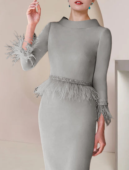 Sheath / Column Mother of the Bride Dress Formal Wedding Guest Party Elegant Scoop Neck Tea Length Satin 3/4 Length Sleeve with Feather Beading