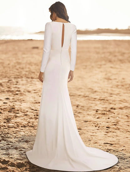 Hall Simple Wedding Dresses Sheath / Column V Neck Long Sleeve Court Train Stretch Fabric Bridal Gowns With Ruched Split Front