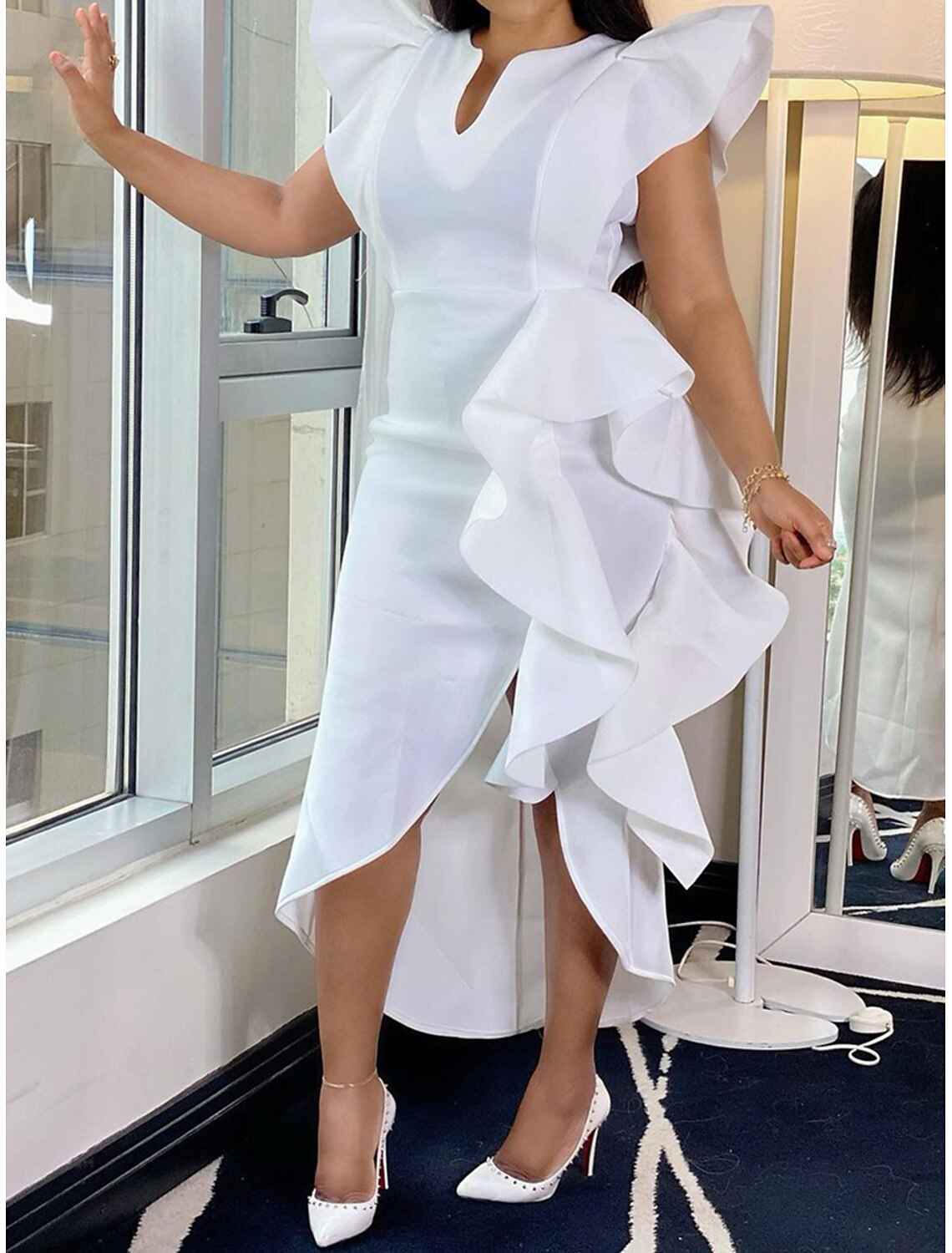 Prom Dress Party Dress Formal Dress Ruffle Split V Neck Short Sleeve White Yellow Winter