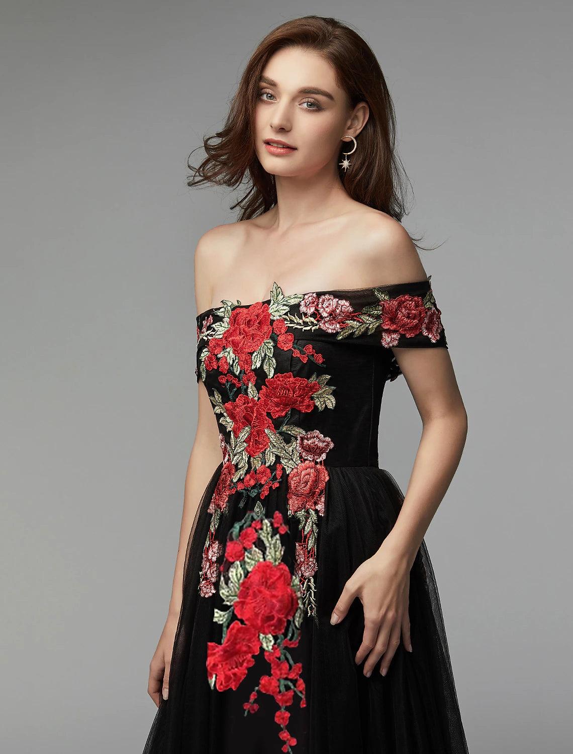 A-Line Prom Dresses Floral Dress Wedding Guest Floor Length Sleeveless Off Shoulder Lace Over Tulle with Embroidery Appliques