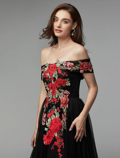 A-Line Prom Dresses Floral Dress Wedding Guest Floor Length Sleeveless Off Shoulder Lace Over Tulle with Embroidery Appliques