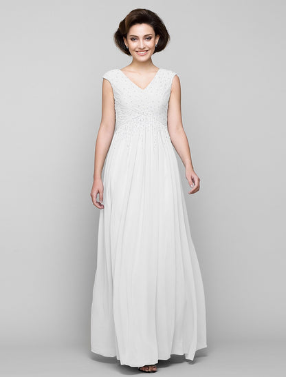 A-Line Mother of the Bride Dress Elegant V Neck Floor Length Chiffon Sleeveless with Criss Cross Beading
