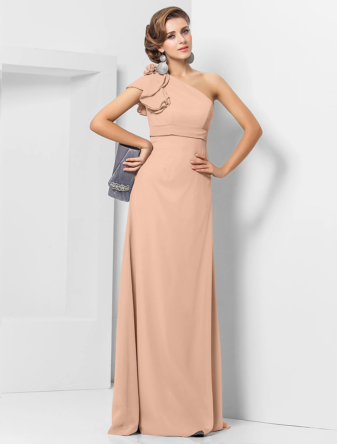 Sheath / Column Elegant Dress Wedding Guest Formal Evening Floor Length Sleeveless One Shoulder Bridesmaid Dress Chiffon with Sash / Ribbon Appliques