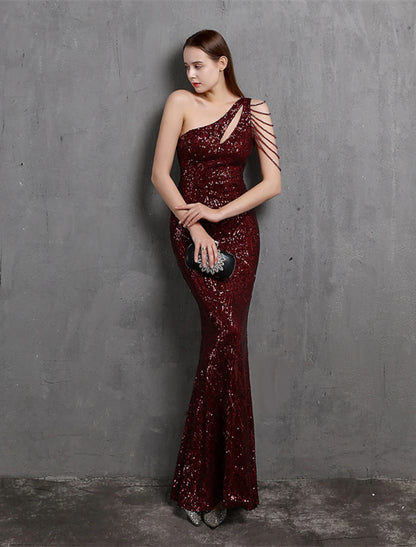 Mermaid / Trumpet Evening Gown Sparkle & Shine Dress Formal Wedding Guest Floor Length Short Sleeve One Shoulder Sequined with Sequin