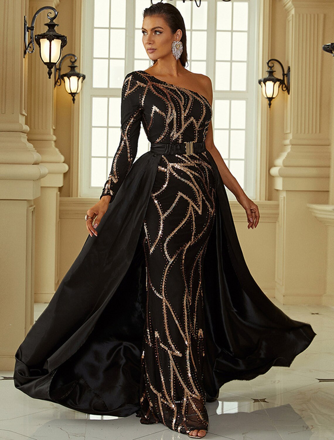 Mermaid / Trumpet Evening Gown Vintage Dress Formal Wedding Guest Court Train Long Sleeve One Shoulder Polyester with SequinMermaid / Trumpet Evening Gown Vintage Dress Formal Wedding Guest Court Train Long Sleeve One Shoulder Polyester with Sequin
