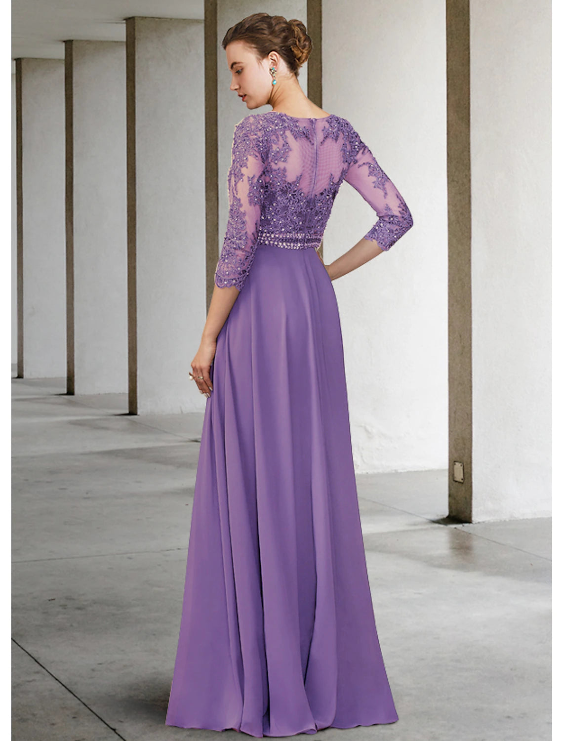 A-Line Mother of the Bride Dress Elegant Jewel Neck Floor Length Chiffon Lace 3/4 Length Sleeve with Pleats Appliques