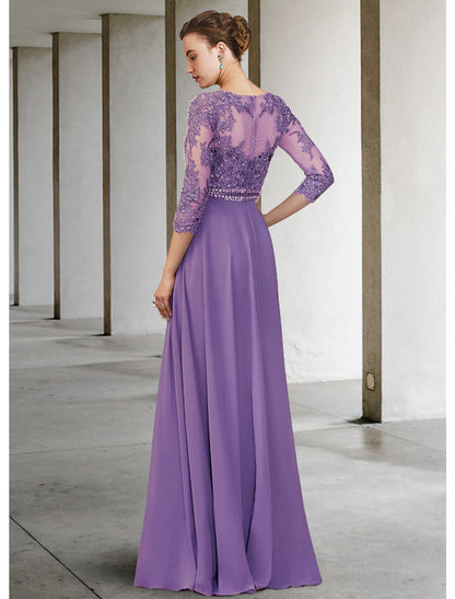 A-Line Mother of the Bride Dress Elegant Jewel Neck Floor Length Chiffon Lace 3/4 Length Sleeve with Pleats Appliques