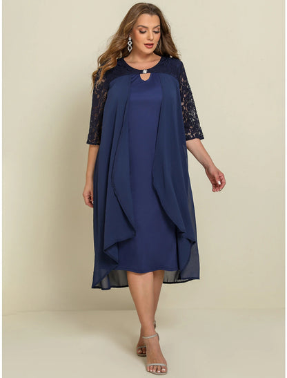 Women‘s Plus Size Curve Work Dress Chiffon Dress Swing Dress Long Dress Maxi Dress 3/4 Length Sleeve Lace Layered V Neck Outdoor Summer Spring Wedding Guest Dress