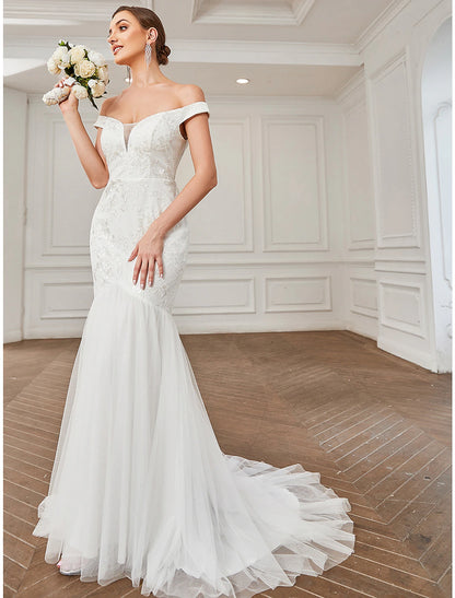 Reception Vintage Wedding Dresses A-Line Off Shoulder Cap Sleeve Sweep / Brush Train Lace Bridal Gowns With Lace Appliques Summer Wedding Party