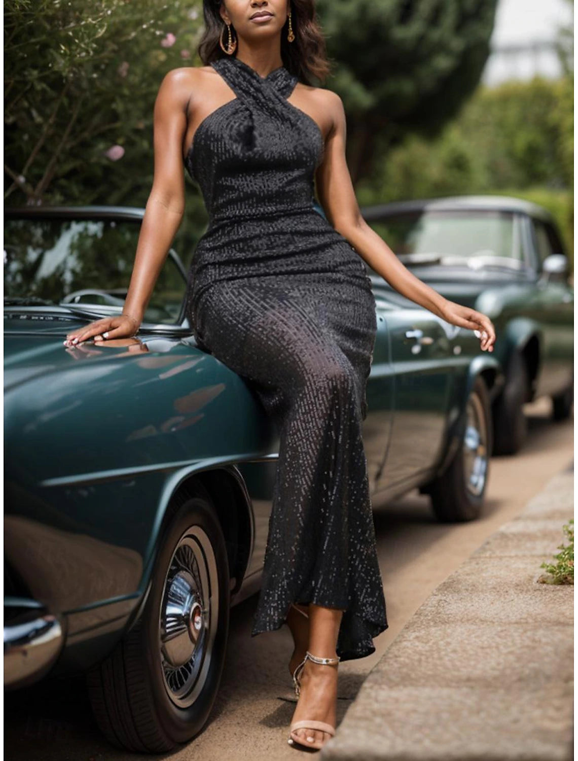 Black Sequins Halter Neck Sleeveless Black Party Dress Long Dress