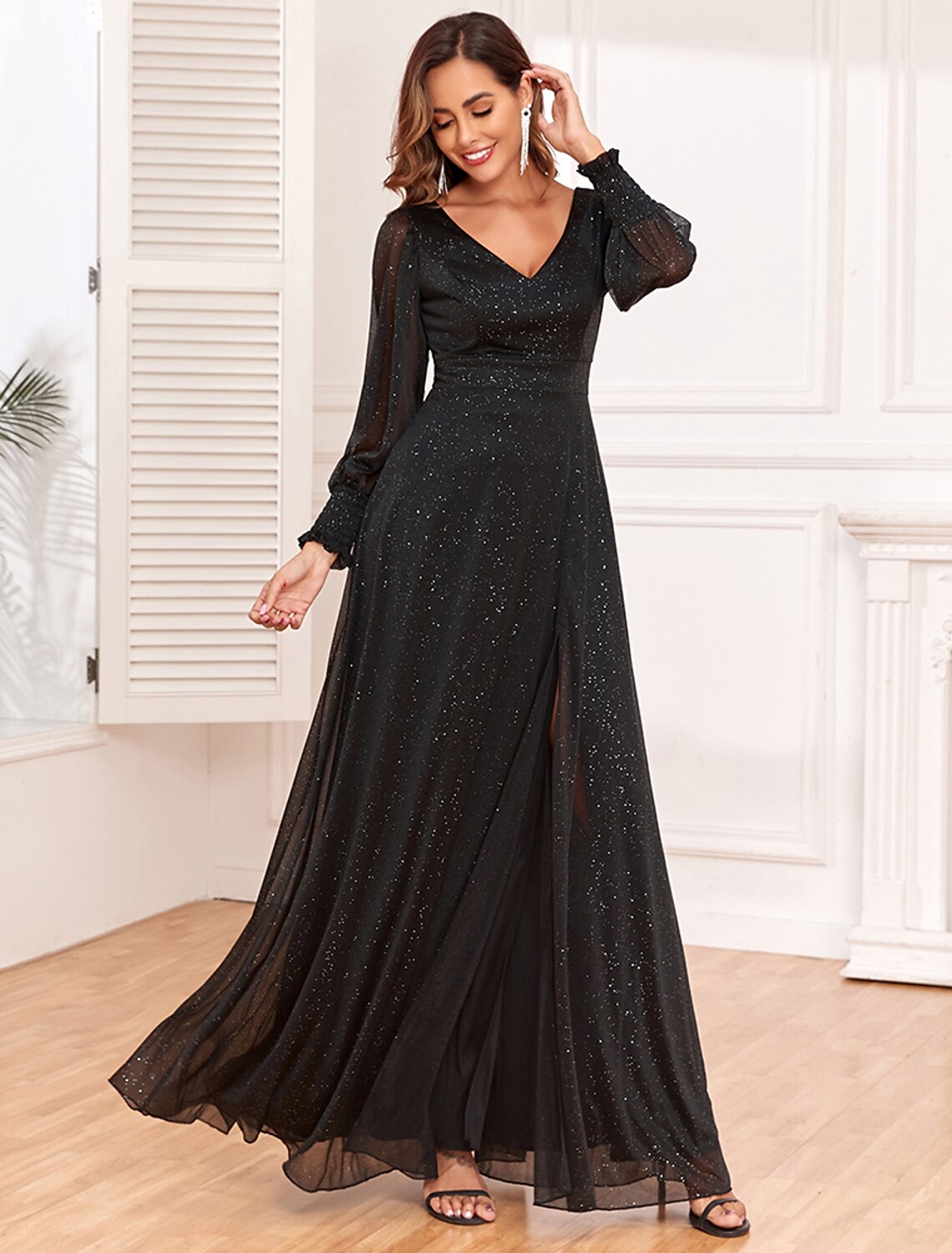 long sleeve winter evening dresses Sexy Prom Dress Slit Skirt, Prom Dresses, Evening Gown, Graduation School  Party Dress, Winter Formal Dress main image 0