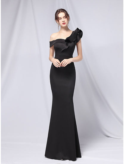 Mermaid / Trumpet Evening Gown Empire Dress Wedding Guest Formal Evening Floor Length Short Sleeve One Shoulder Stretch Satin with Ruffles