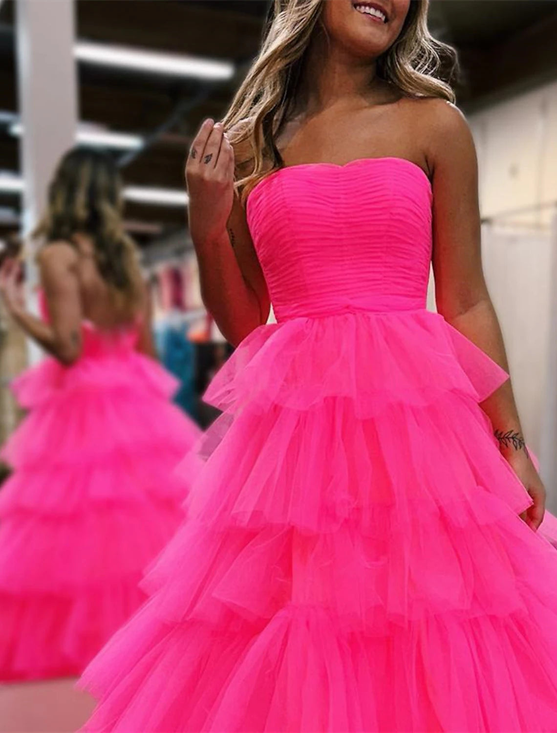 Ball Gown Prom Dresses Backless Dress Formal Wedding Guest Floor Length Sleeveless Strapless Tulle with Ruched