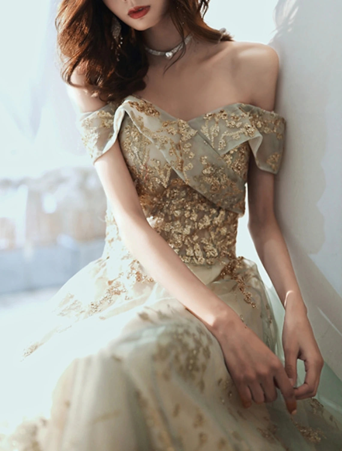 A-Line Glittering Elegant Engagement Formal Evening Dress Off Shoulder Short Sleeve Floor Length Tulle with Sequin
