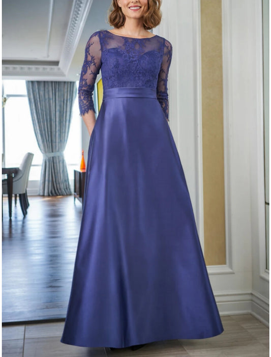 A-Line Mother of the Bride Dress Wedding Guest Party Elegant Scoop Neck Floor Length Satin 3/4 Length Sleeve with Lace Solid Color