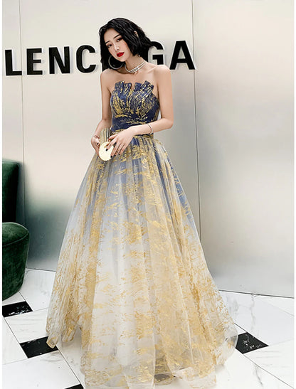 A-Line Color Block Sparkle Engagement Prom Dress Strapless Sleeveless Floor Length Sequined with Sequin