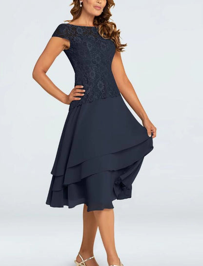 A-Line Mother of the Bride Dress Plus Size Jewel Neck Tea Length Chiffon Short Sleeve with Lace Tier