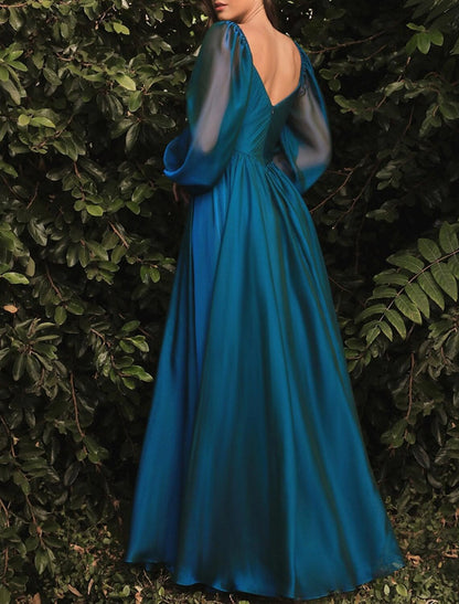A-Line Evening Gown Open Back Dress Formal Wedding Guest Floor Length Long Sleeve Square Neck Organza with Pleats Pure Color