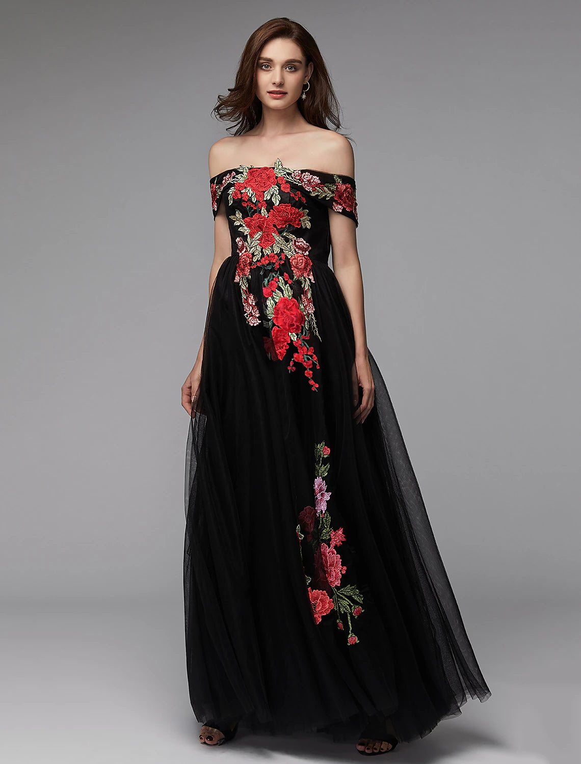 A-Line Prom Dresses Floral Dress Wedding Guest Floor Length Sleeveless Off Shoulder Lace Over Tulle with Embroidery Appliques