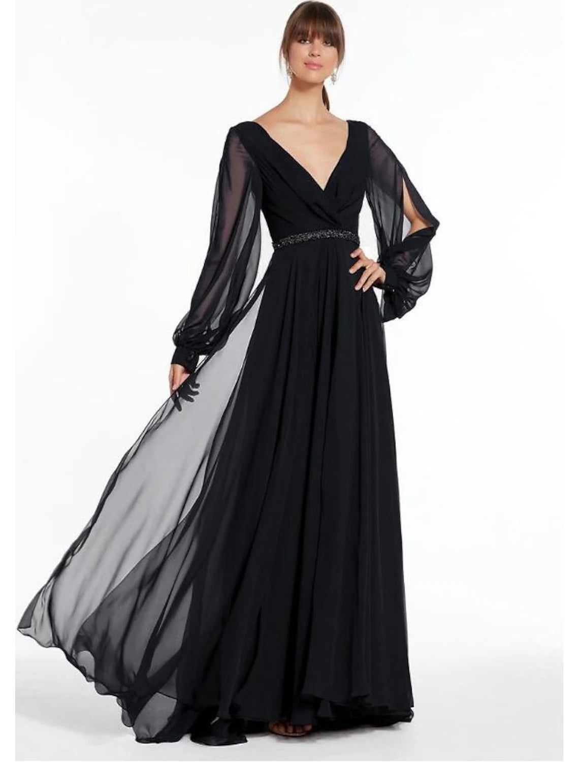 A-Line Evening Gown Empire Dress Holiday Floor Length Long Sleeve V Ne – Koutun Dress