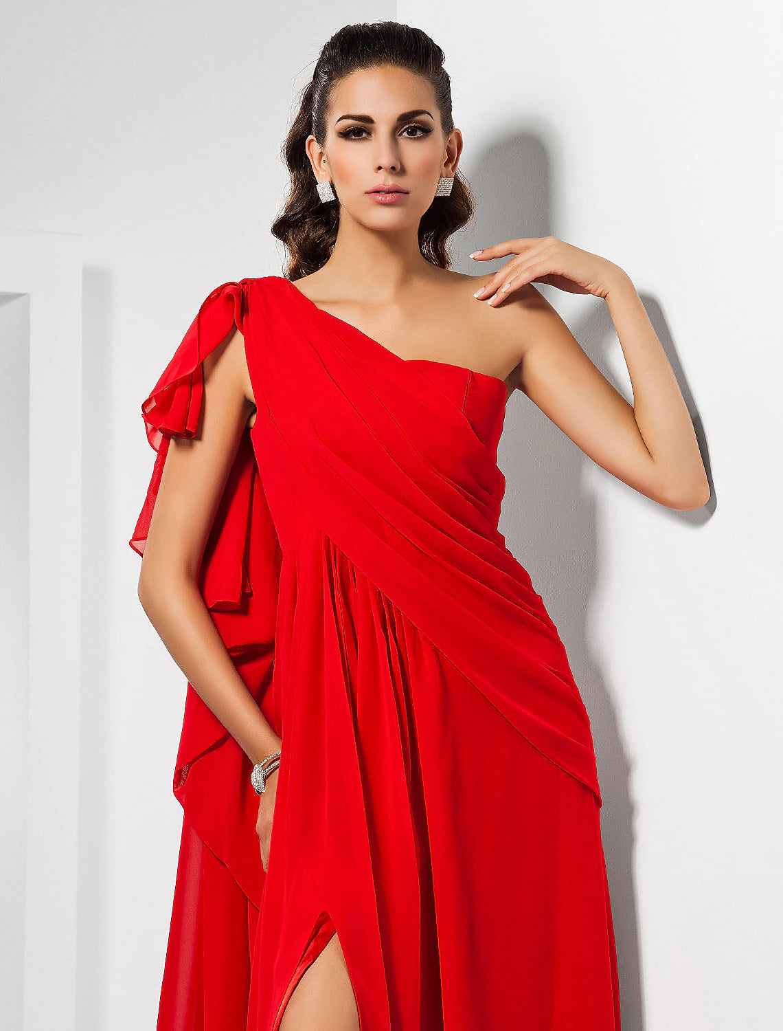Sheath / Column Empire Wedding Guest Formal Evening Dress One Shoulder Sleeveless Floor Length Chiffon with Draping Slit
