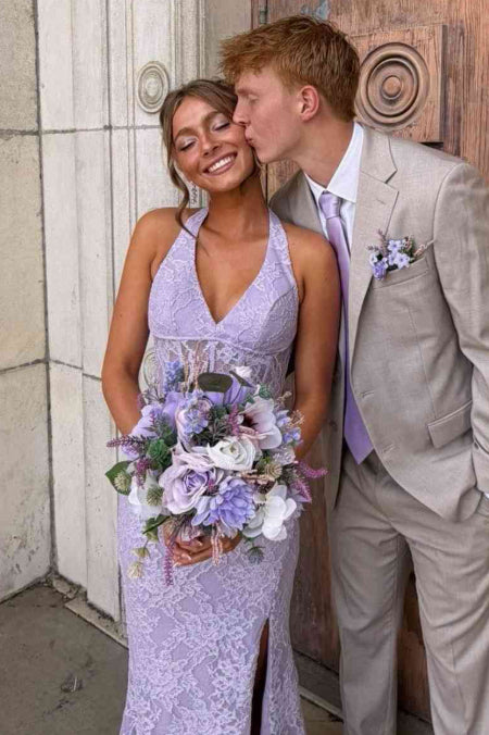 Lavender Mermaid Halter Sleeveless Corset Back Sweep Train Prom Evening Dress