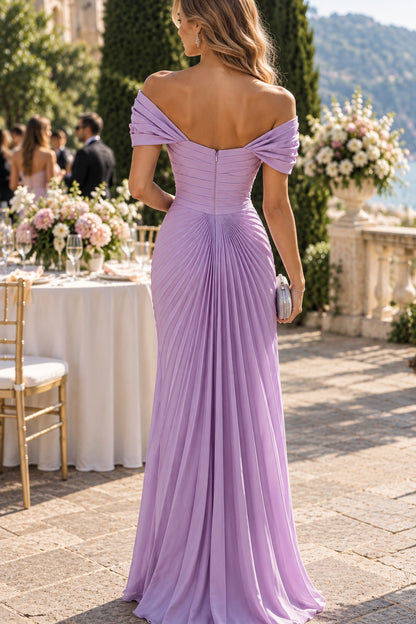 Lavender A Line Off Shoulder Pleated Floor Evening Dresses