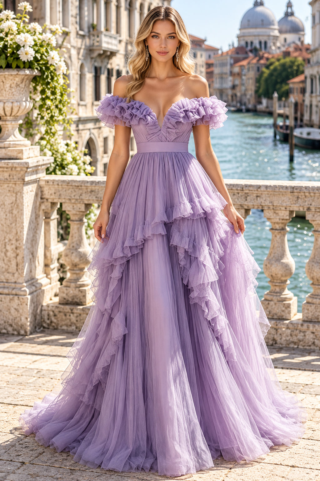 Lavender Off The Shoulder Ruffle Tiered Tulle Evening Dress