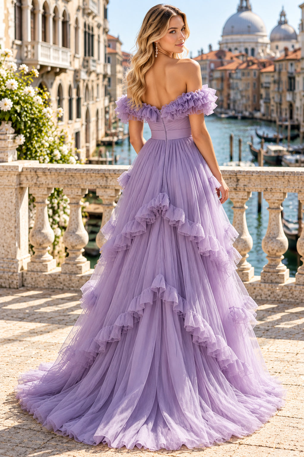 Lavender Off The Shoulder Ruffle Tiered Tulle Evening Dress