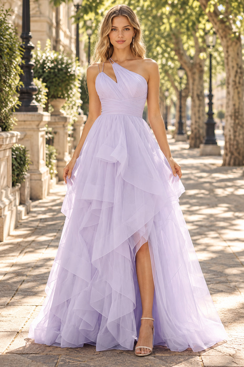 Lavender One Shoulder Tiered Ruffle Tulle Slit Evening Gown