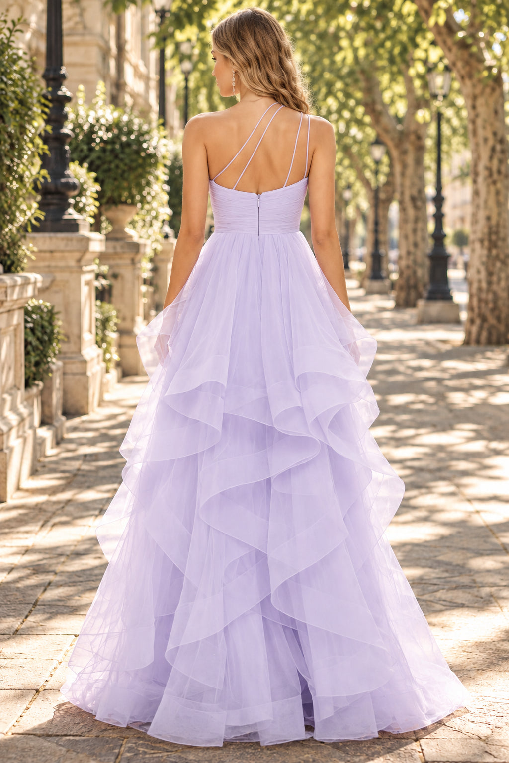 Lavender One Shoulder Tiered Ruffle Tulle Slit Evening Gown
