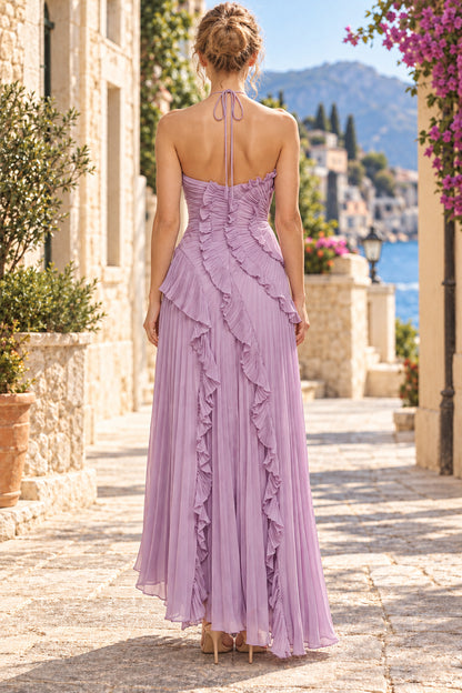 Pleated Chiffon A-Line Halter Sleeveless Tie-Back High-Low Long Bridesmaid Gown