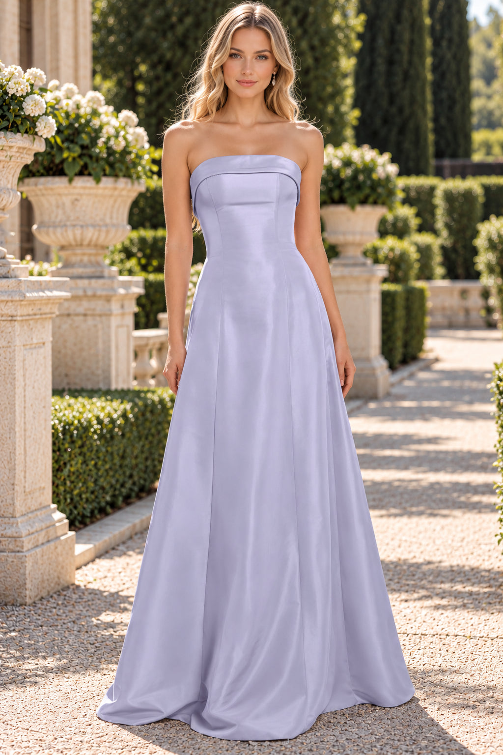 Lavender Strapless Fold Neck Satin A-Line Evening Dress