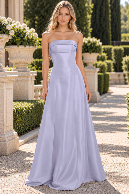 Lavender Strapless Fold Neck Satin A-Line Evening Dress