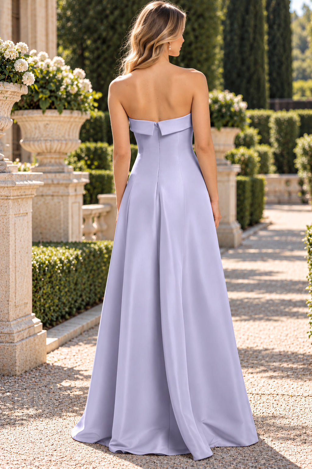 Lavender Strapless Fold Neck Satin A-Line Evening Dress