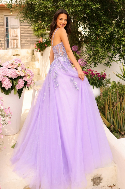 lavender a-line sweetheart spaghetti-strap open-back slit floor prom dress