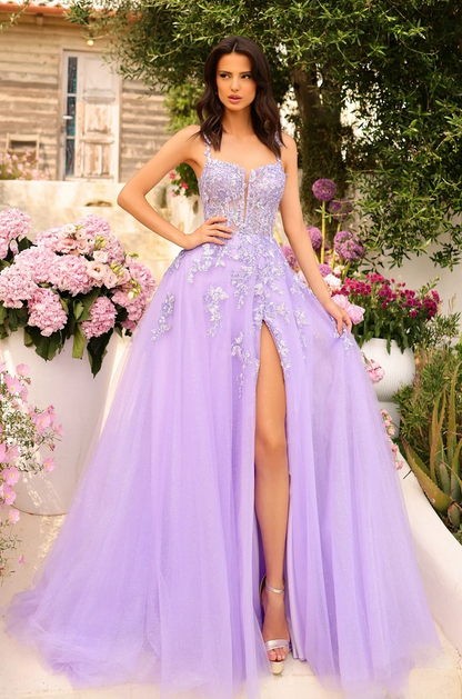 lavender a-line sweetheart spaghetti-strap open-back slit floor prom dress
