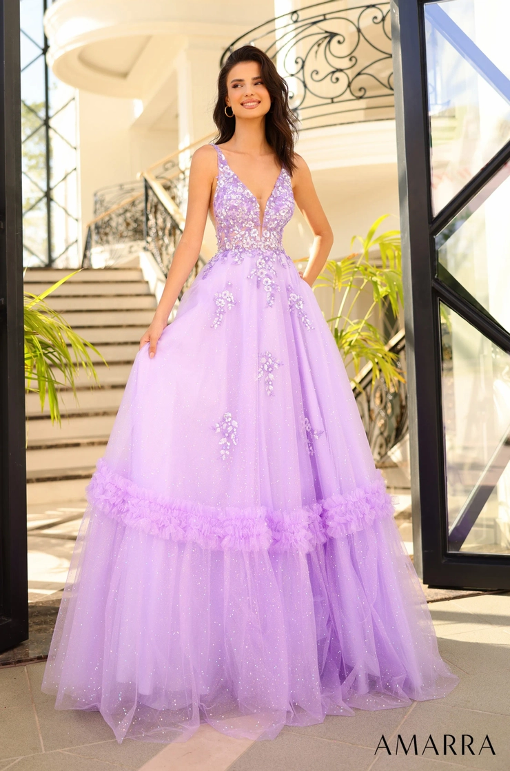 lavender a-line v-neck spaghetti low-back floor-length prom dress