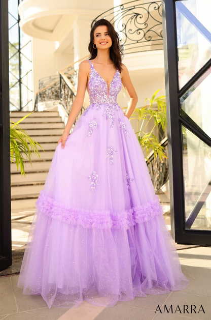 lavender a-line v-neck spaghetti low-back floor-length prom dress
