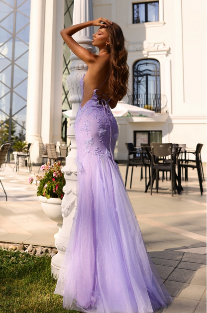 lavender mermaid one shoulder lace floral lace up back high slit long prom dress