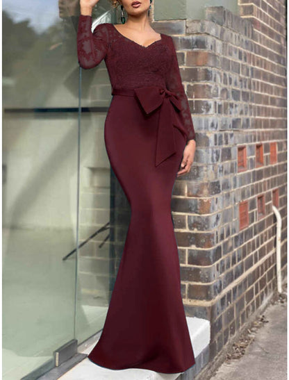 Mermaid / Trumpet Mother of the Bride Dress Wedding Guest Elegant Sexy V Neck Floor Length Lace Stretch Chiffon Long Sleeve with Bow(s) Appliques Fall