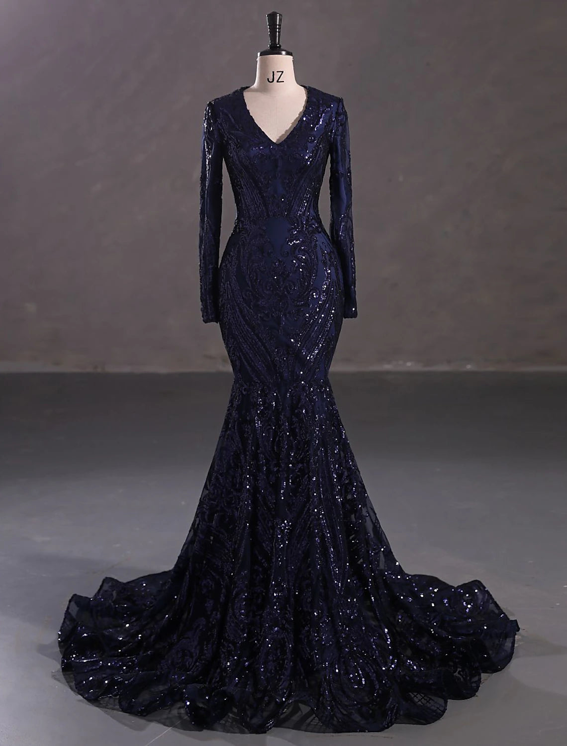 Mermaid / Trumpet Evening Gown Sparkle & Shine Dress Formal Court Train Long Sleeve V Neck African American Lace with Sequin