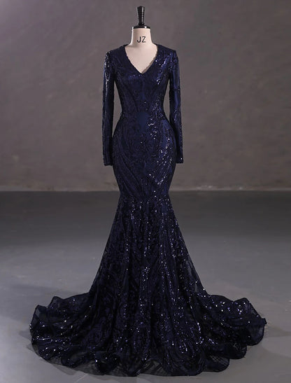 Mermaid / Trumpet Evening Gown Sparkle & Shine Dress Formal Court Train Long Sleeve V Neck African American Lace with Sequin