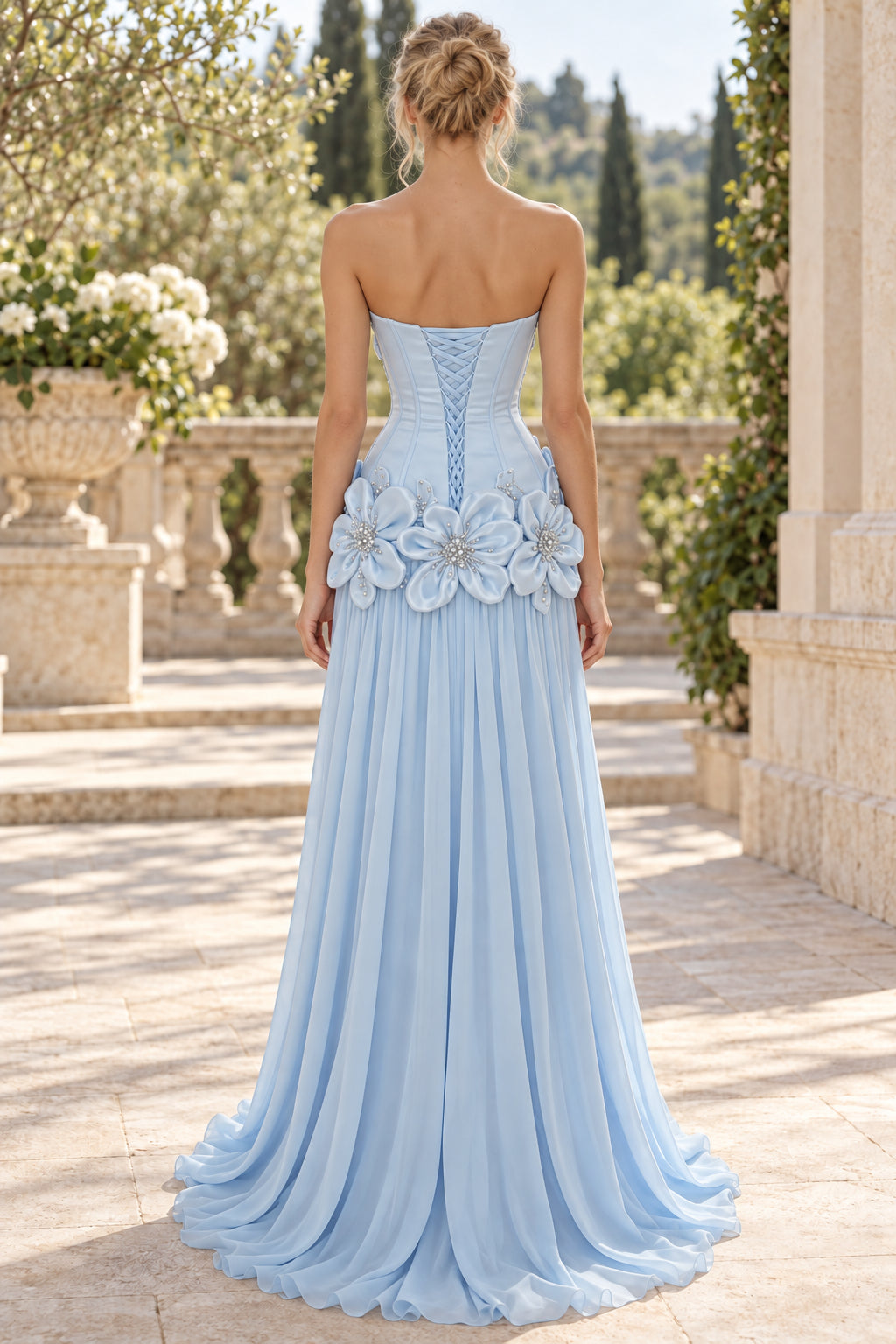 Light Blue Strapless 3D Floral Beaded Corset Chiffon Evening Dress