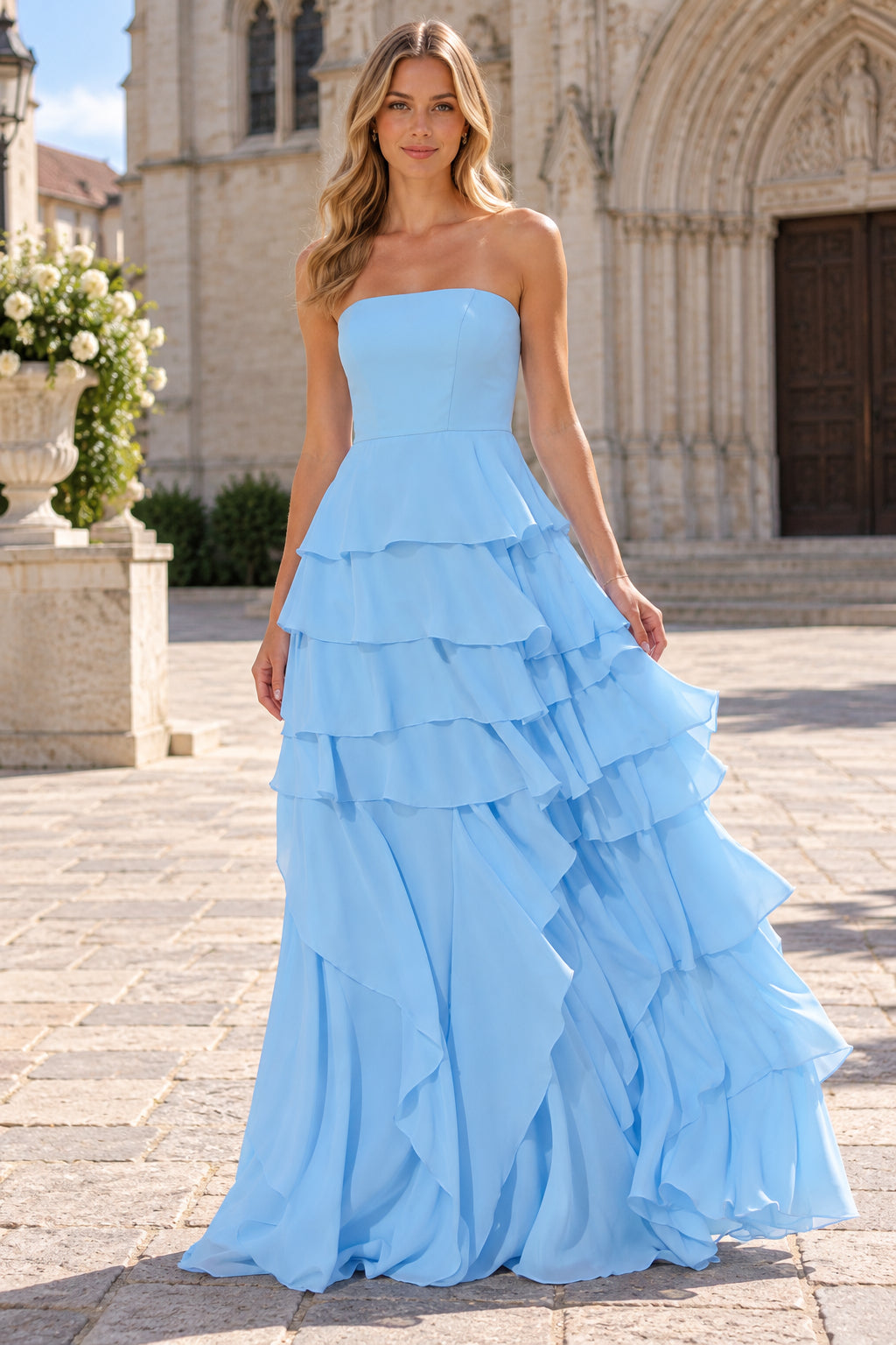 Light Blue A Line Strapless Tiered Ruffle Floor Evening Dresses