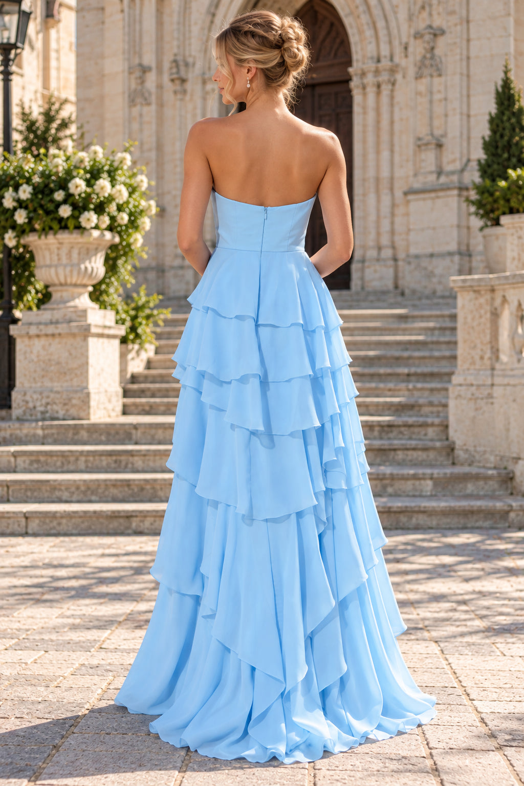 Light Blue A Line Strapless Tiered Ruffle Floor Evening Dresses