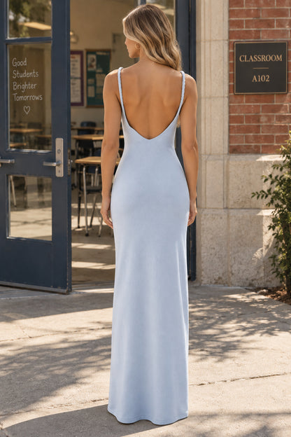 Fitted Mermaid V Neck Spaghetti Strap Low Back Maxi Homecoming Evening Dress