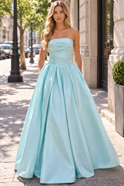 Satin A-Line Strapless Straight Sleeveless Open Back Floor Length Evening Dresses